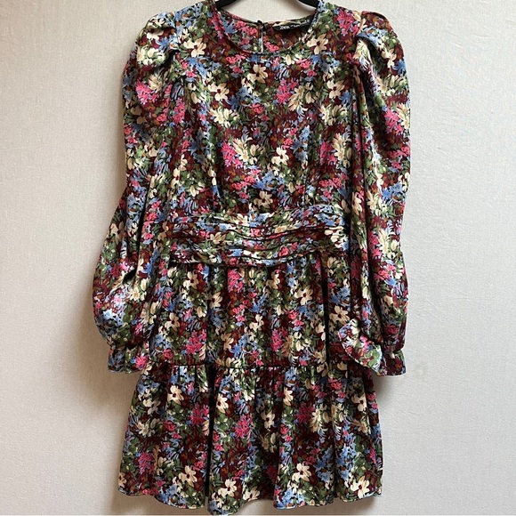 Zara Floral Multicolor Ruched Waist Dress Sz S - Picture 2 of 10